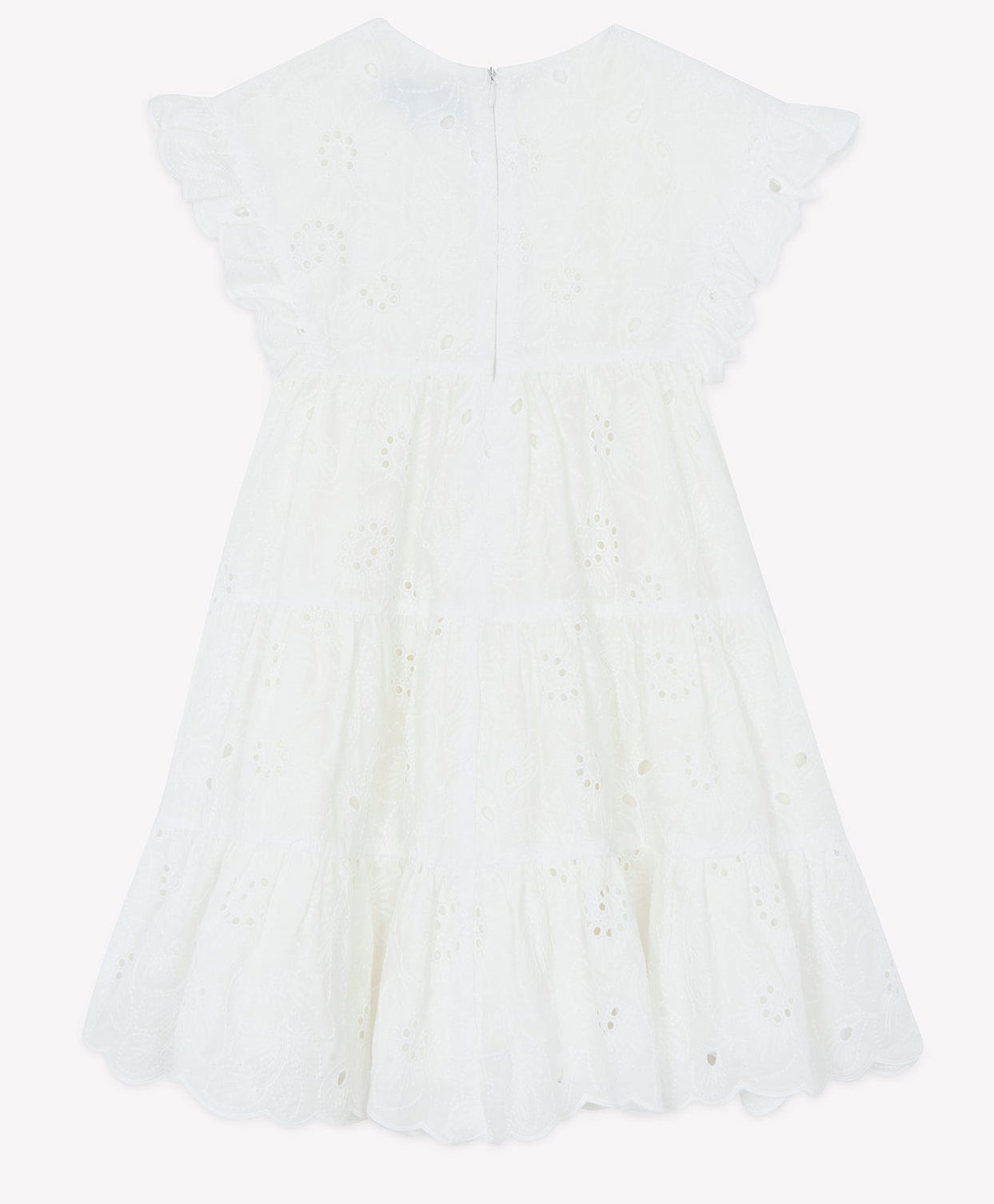The Tartine et Chocolat Girls’ Openwork Dress features ruffled sleeves, a tiered skirt, back zipper closure, and delicate embroidered floral patterns—perfect for summer.