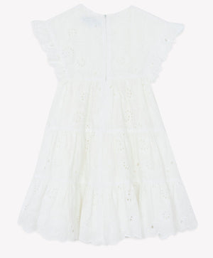 The Tartine et Chocolat Girls’ Openwork Dress features ruffled sleeves, a tiered skirt, back zipper closure, and delicate embroidered floral patterns—perfect for summer.