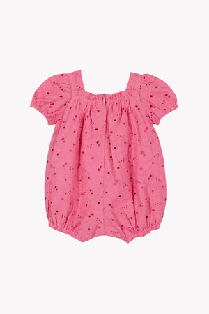 The Tartine et Chocolat Baby Girls’ English Embroidery Bubble features a charming pink design with puffed short sleeves, an elastic square neckline, and delicate cherry embroidery. Intricate English embroidery enhances this adorable cotton jumpsuit, making it a sweet outfit for baby girls and beautifully presented against a plain white background.