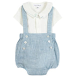 The Tartine et Chocolat Baby Boys’ Pointed Collar Overall Outfit features a crisp white collared shirt paired with attached blue suspender-style shorts adorned with white front buttons and whimsical hot air balloon embroidery for a playful finish.