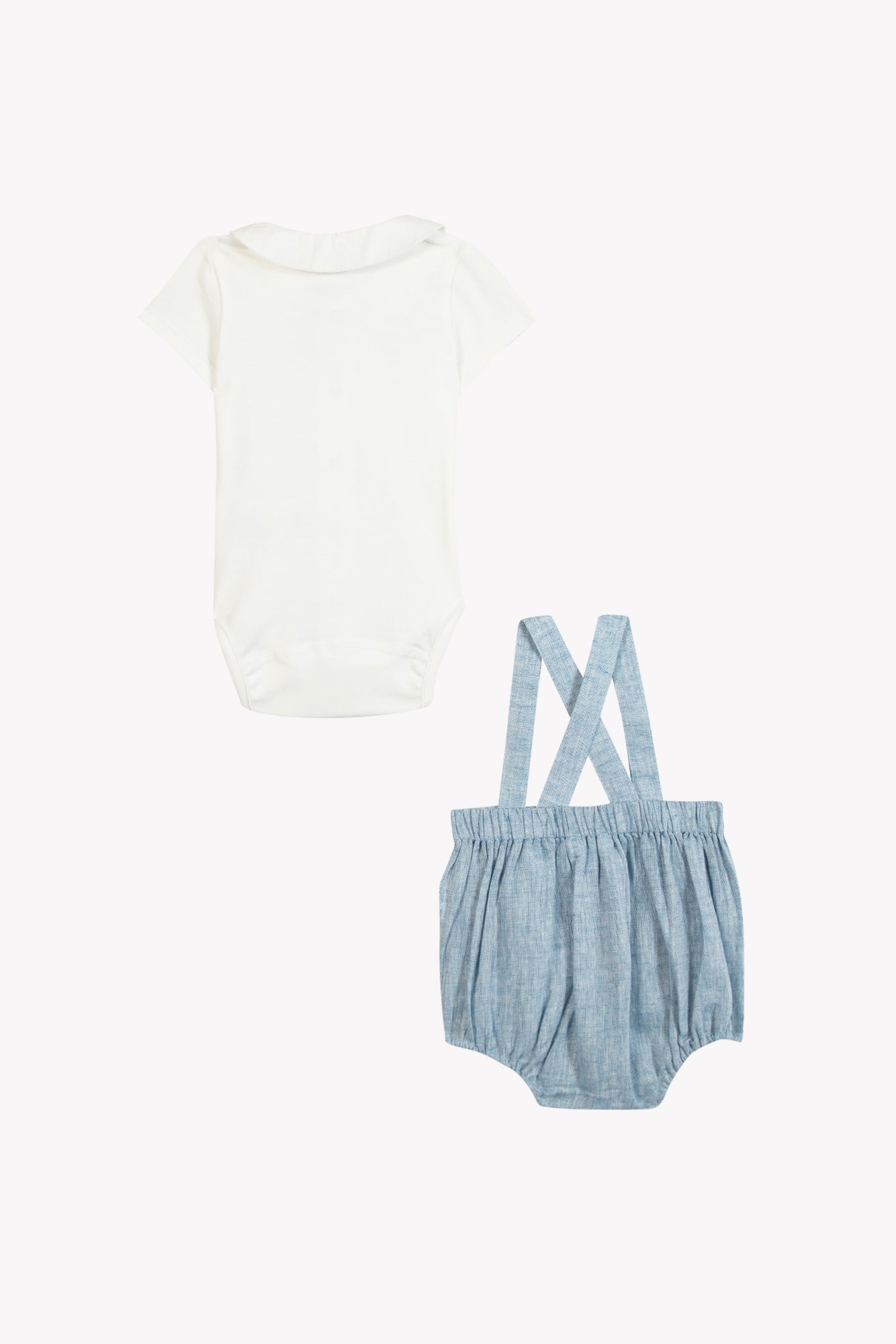 Tartine et Chocolat Baby Boys’ Pointed Collar Overall Outfit, featuring a crisp white short-sleeve bodysuit paired with blue chambray suspender bloomers, displayed on a plain background—a charming ensemble perfect for any occasion.