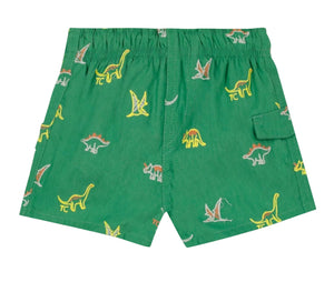 Sure! Here’s your rewritten sentence using the provided product data: The Tartine et Chocolat Baby Boys’ and Boys’ Swim Short features a vibrant green color, an elasticated waistband, and playful multicolored dinosaur patterns—including Stegosaurus, Triceratops, and Pterodactyl—making it perfect for fun beach days. Designed with a convenient small side pocket on the right.