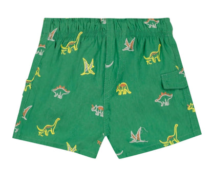 Sure! Here’s your rewritten sentence using the provided product data: The Tartine et Chocolat Baby Boys’ and Boys’ Swim Short features a vibrant green color, an elasticated waistband, and playful multicolored dinosaur patterns—including Stegosaurus, Triceratops, and Pterodactyl—making it perfect for fun beach days. Designed with a convenient small side pocket on the right.