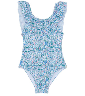Tartine et Chocolat Girls’ Liberty Fabric Print Swimsuit, showcasing a charming blue, pink, and green floral pattern with ruffled shoulder straps and a scoop neckline—an adorable addition to any girl’s swimwear collection. Displayed on a white background.