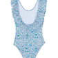 The Girls’ Liberty Fabric Print Swimsuit by Tartine et Chocolat showcases a charming floral pattern with blue, green, and pink flowers on a white background. Designed with ruffled straps and a scoop neckline, this one-piece is crafted from soft Liberty fabric for playful comfort and style.