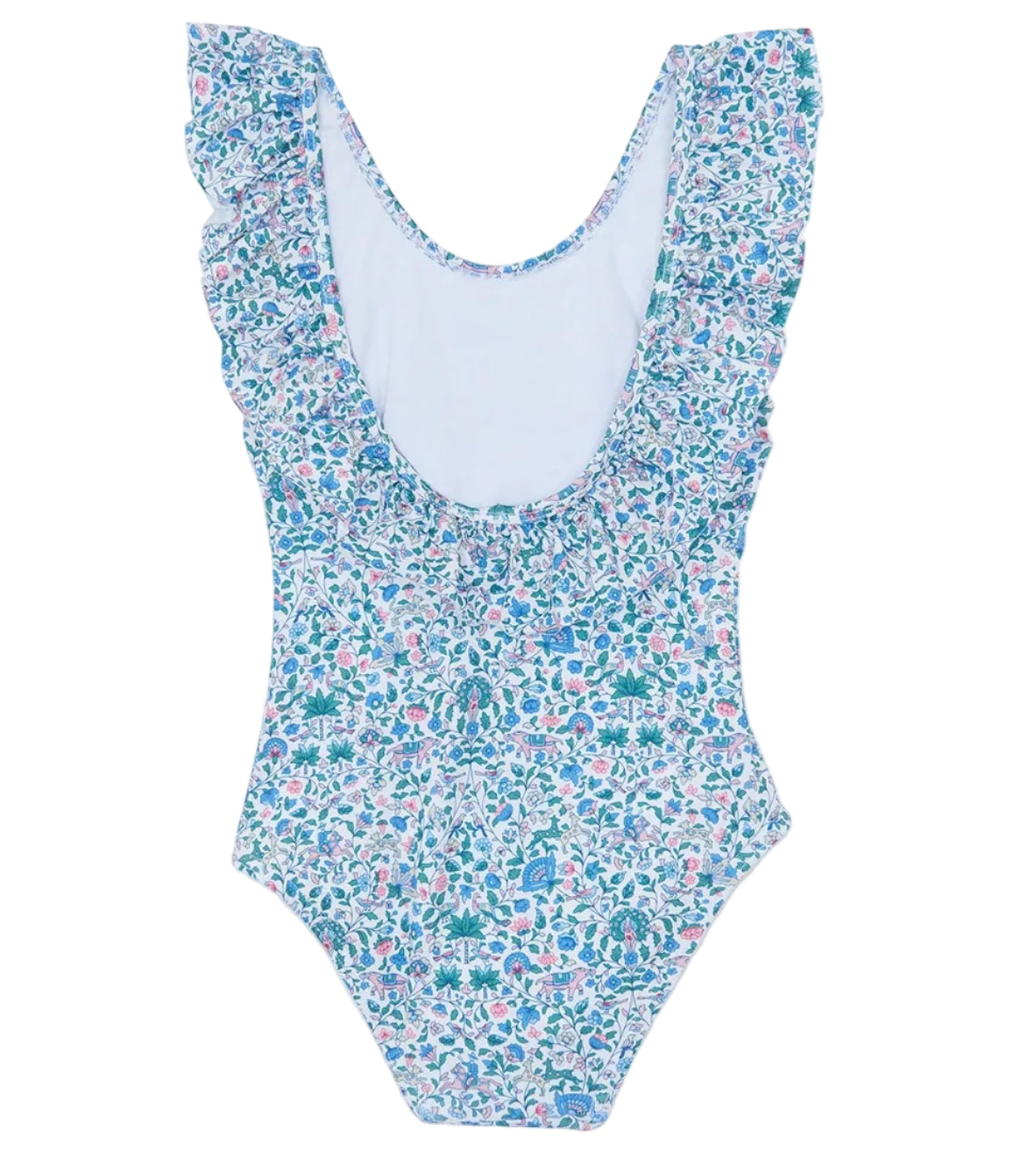 The Girls’ Liberty Fabric Print Swimsuit by Tartine et Chocolat showcases a charming floral pattern with blue, green, and pink flowers on a white background. Designed with ruffled straps and a scoop neckline, this one-piece is crafted from soft Liberty fabric for playful comfort and style.