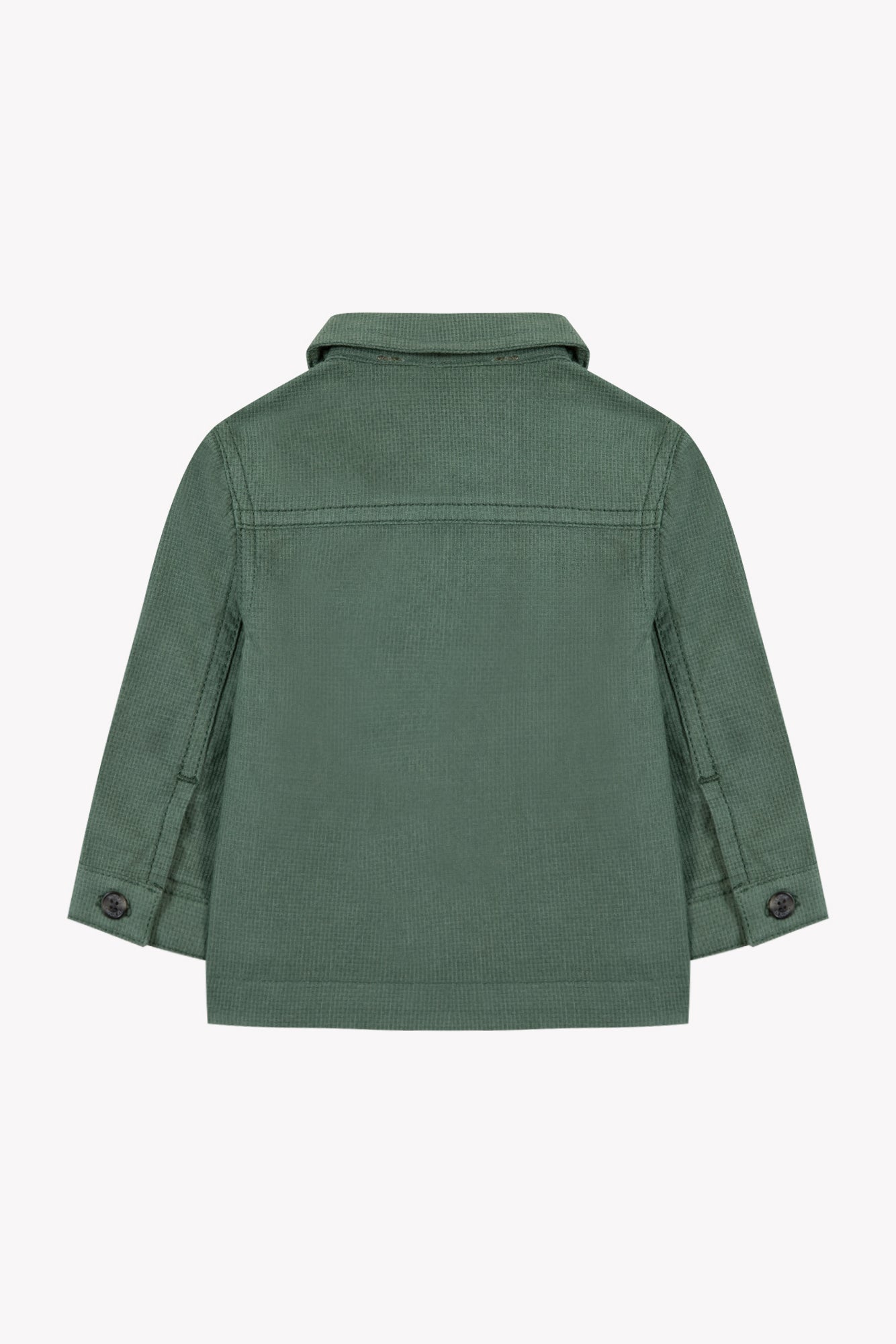 The Baby Boys’ and Boys’ Explorer Jacket by Tartine et Chocolat is displayed from the back in green corduroy cotton, featuring long sleeves, a collar, and button details on the cuffs.
