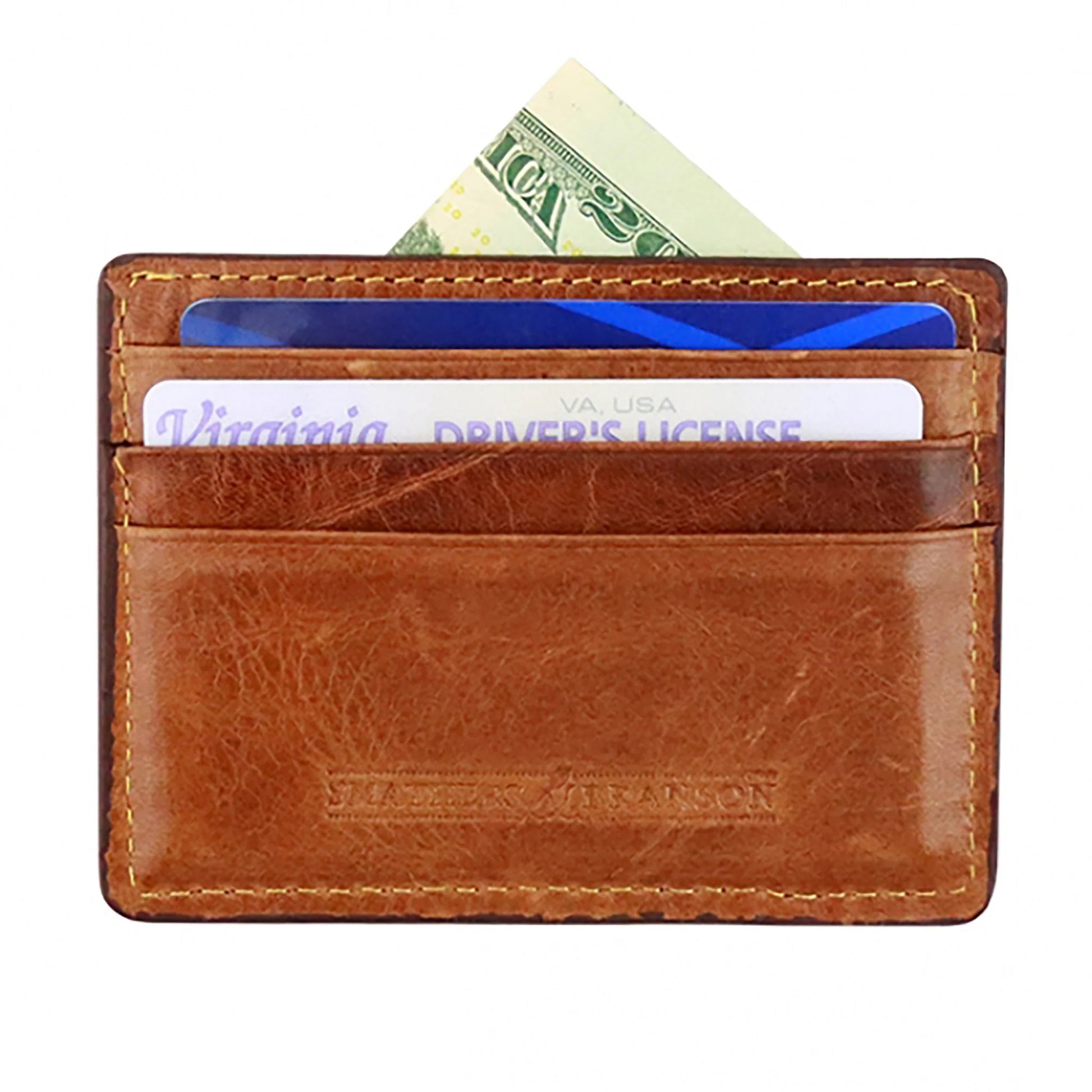A hand-stitched Italian leather Card Wallet by Smathers & Branson, this brown cardholder displays a $20 bill, a blue credit card, and a Virginia driver’s license partially visible in its slots.