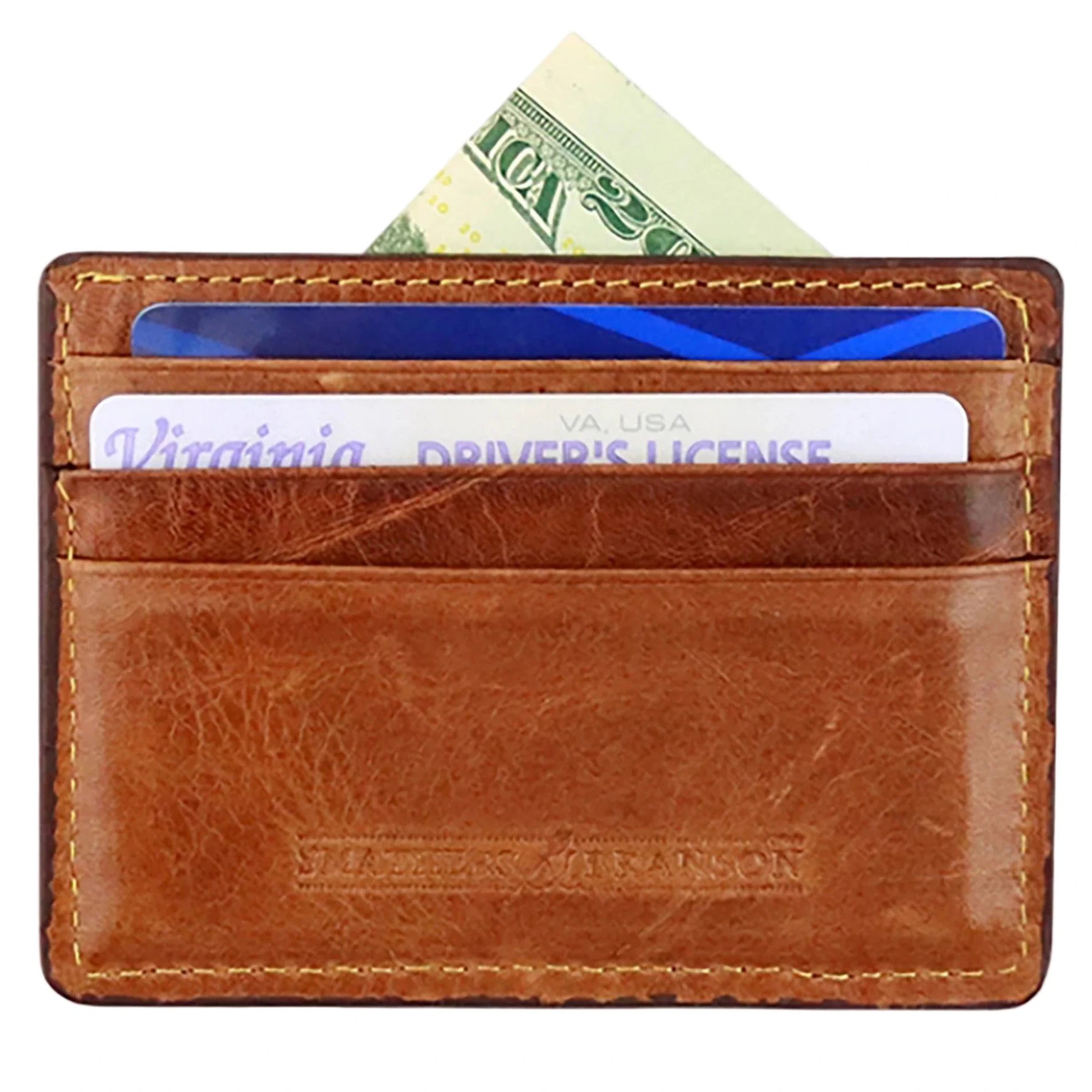 The Smathers & Branson Mixed Signals Card Wallet securely holds a driver’s license, two credit cards, and a folded U.S. dollar bill.