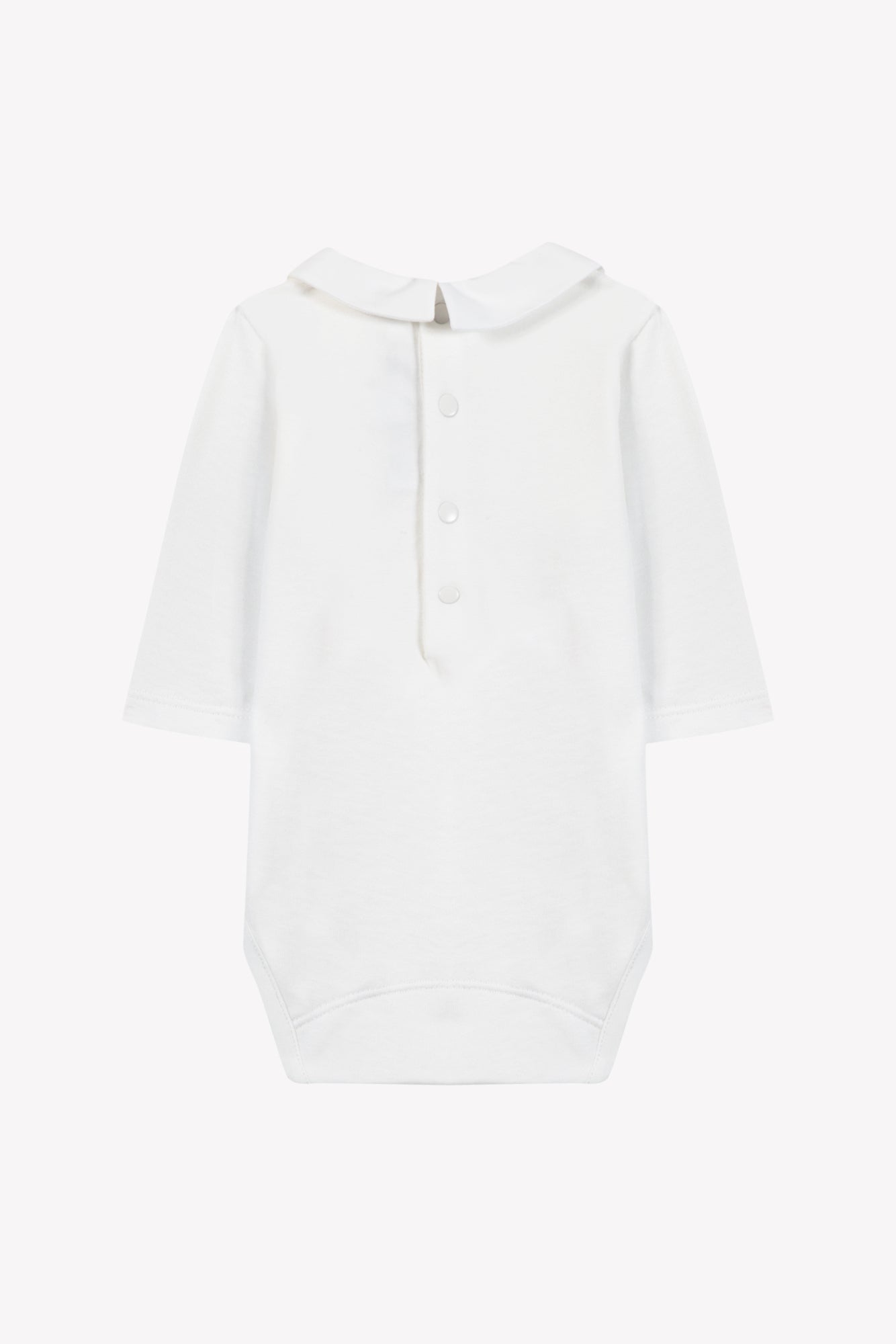 Tartine et Chocolat Baby Boys’ Dinosaur Bodysuit, a white long-sleeve cotton bodysuit featuring a pointed collar and three front buttons, displayed on a plain background.