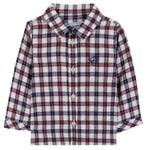 Introducing the Tartine et Chocolat Baby Boys’ and Boys’ Cotton Check Shirt—an elegant long-sleeve button-up for children, featuring a red, white, and blue plaid pattern crafted from soft unbleached cotton and finished with a small embroidered logo on the left chest.