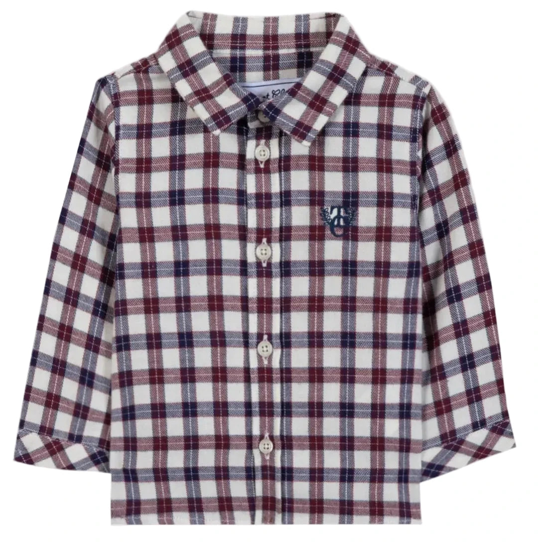 Introducing the Tartine et Chocolat Baby Boys’ and Boys’ Cotton Check Shirt—an elegant long-sleeve button-up for children, featuring a red, white, and blue plaid pattern crafted from soft unbleached cotton and finished with a small embroidered logo on the left chest.
