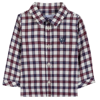 Introducing the Tartine et Chocolat Baby Boys’ and Boys’ Cotton Check Shirt—an elegant long-sleeve button-up for children, featuring a red, white, and blue plaid pattern crafted from soft unbleached cotton and finished with a small embroidered logo on the left chest.