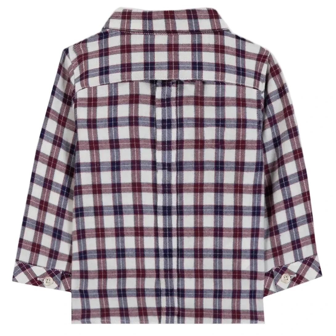 Introducing the Tartine et Chocolat Baby Boys’ and Boys’ Cotton Check Shirt—a long-sleeve collared shirt featuring a maroon, navy, and white checkered pattern. Shown from the back with buttoned cuffs, this elegant piece is crafted from soft unbleached cotton for exceptional comfort and style.