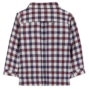Introducing the Tartine et Chocolat Baby Boys’ and Boys’ Cotton Check Shirt—a long-sleeve collared shirt featuring a maroon, navy, and white checkered pattern. Shown from the back with buttoned cuffs, this elegant piece is crafted from soft unbleached cotton for exceptional comfort and style.