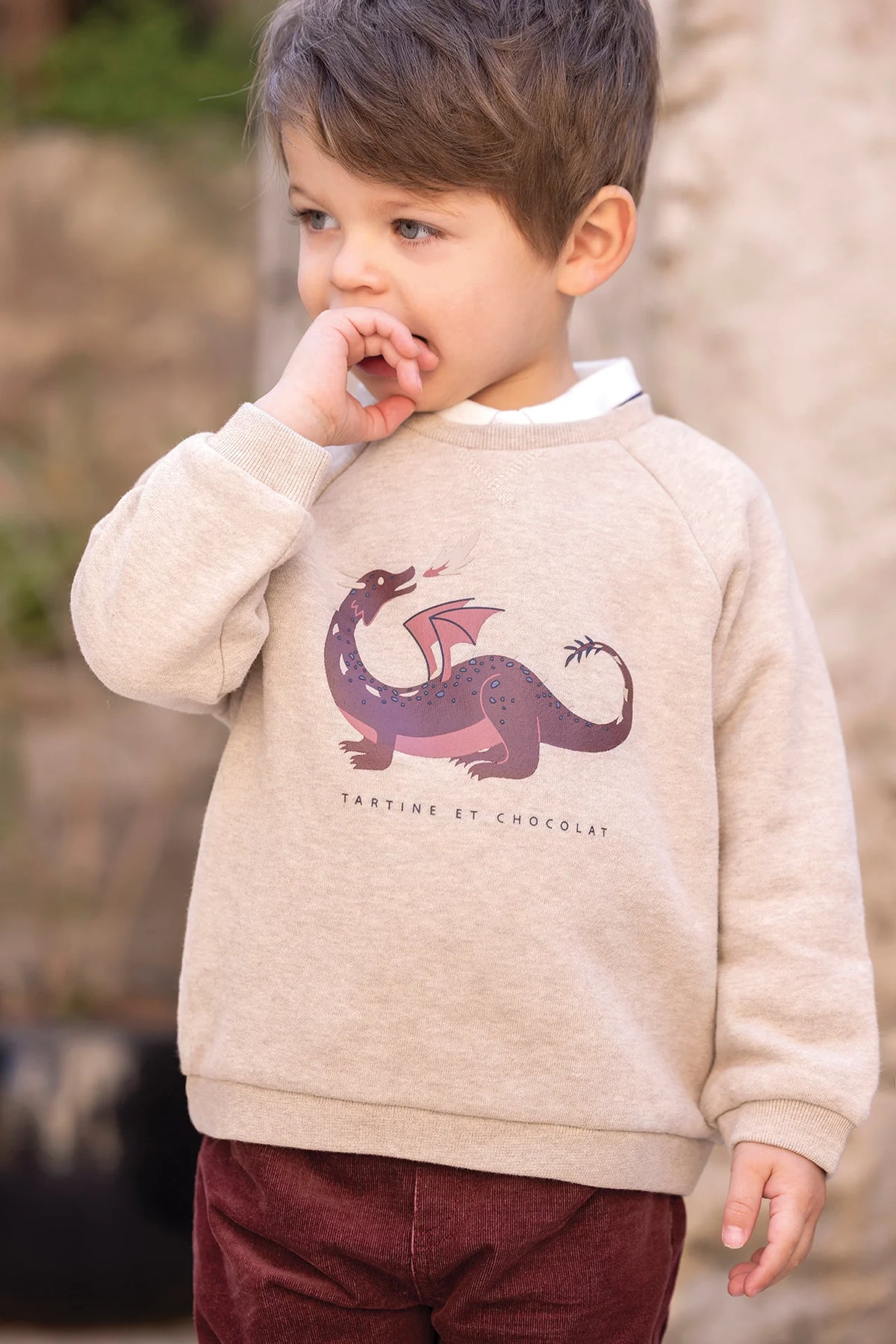 A young child stands outdoors, sucking their thumb, dressed in the Tartine et Chocolat Baby Boys’ and Boys’ Dinosaur Print Cotton Sweater.
