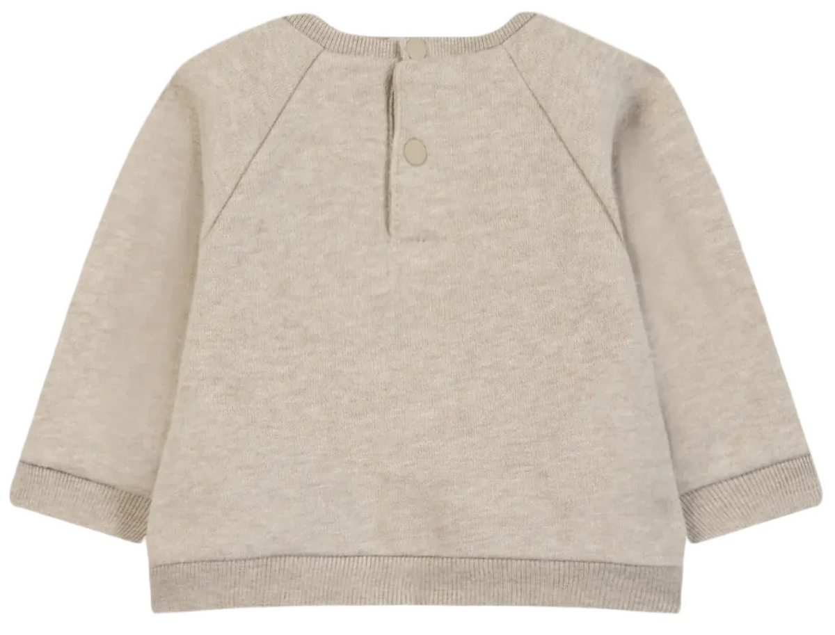 Light beige long-sleeve Baby Boys’ and Boys’ Dinosaur Print Cotton Sweater by Tartine et Chocolat shown from the back, featuring a round neckline, two back snap buttons, and ribbed cuffs and hem.