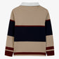 Back view of the Boys’ Pointed Collar Stripes Polo Shirt by Tartine et Chocolat, featuring beige, navy blue, and burgundy horizontal stripes with a white pointed collar—an enduringly stylish long-sleeve rugby-inspired design.