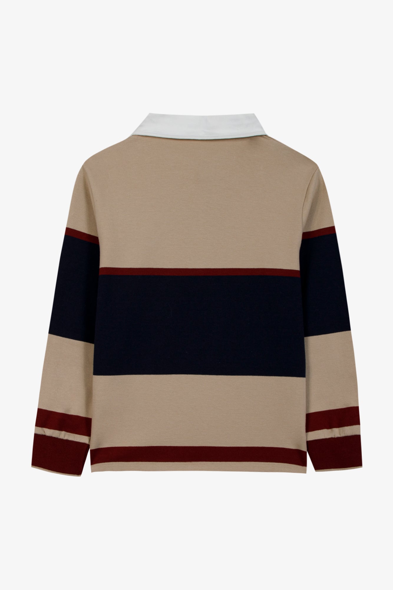 Back view of the Boys’ Pointed Collar Stripes Polo Shirt by Tartine et Chocolat, featuring beige, navy blue, and burgundy horizontal stripes with a white pointed collar—an enduringly stylish long-sleeve rugby-inspired design.