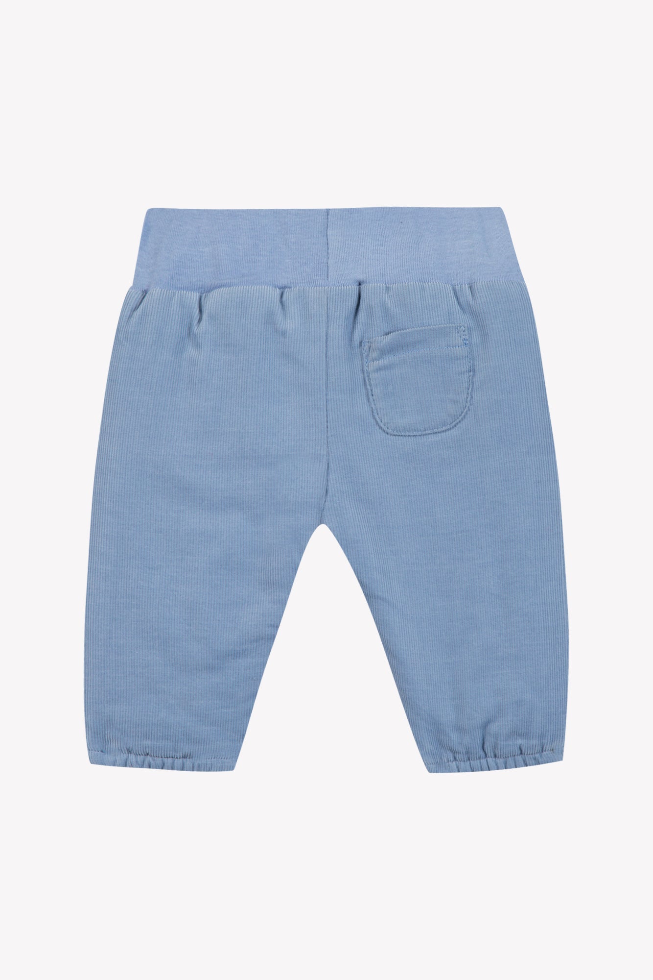 Tartine et Chocolat Baby Boys’ Corduroy Trousers in light blue, crafted from 100% cotton with an elastic waistband and cuffs, and a small patch pocket on the back, are displayed on a white background.