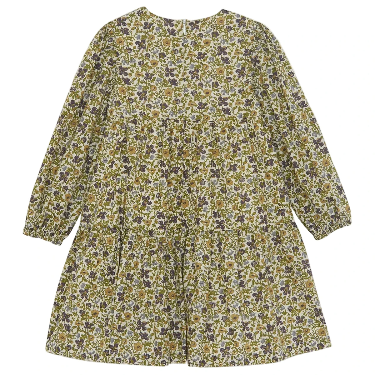 The Girls’ Liberty Embroidery Round Neck Cotton Dress by Tartine et Chocolat is a long-sleeved, knee-length dress adorned with a vibrant yellow, purple, and green floral print on a white background, inspired by an English garden and finished with delicate Liberty flower embroidery.