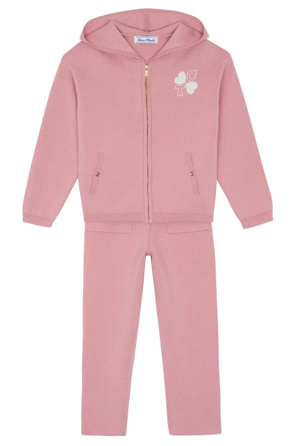 Tartine et Chocolat Girls’ Wool Hood Cotton Jogging Suit in pink features a hooded zip-up jacket with a gold zipper, subtle white graphic detail, and convenient pockets, paired with matching pants also equipped with pockets.