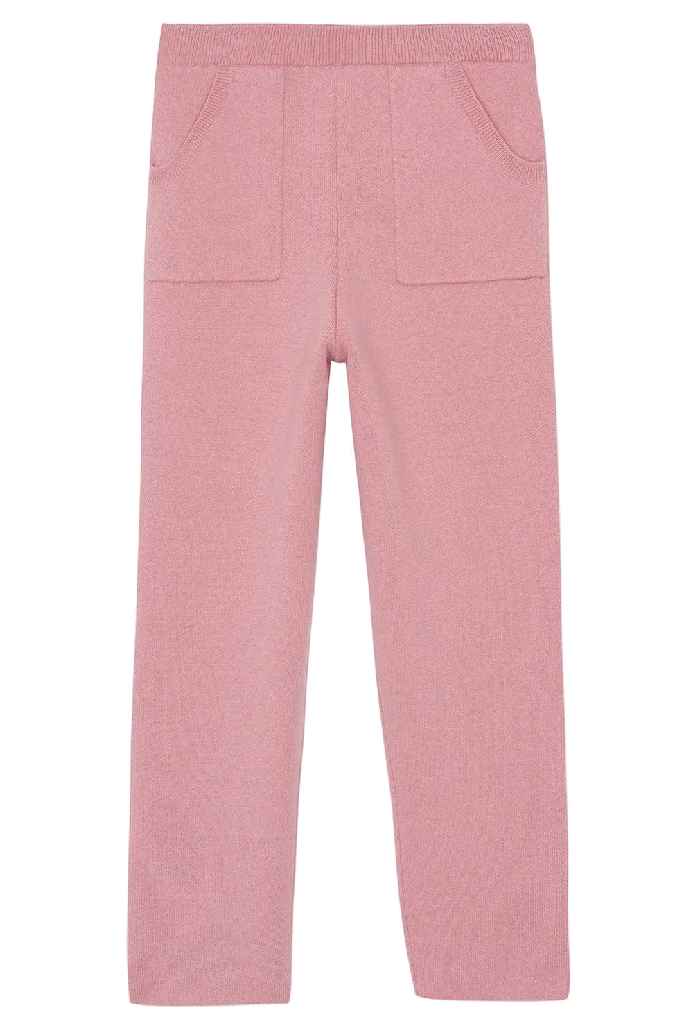 Girls’ Wool Hood Cotton Jogging Suit by Tartine et Chocolat, featuring pink knit pants with an elastic waistband, straight legs, and two front patch pockets, shown against a white background.