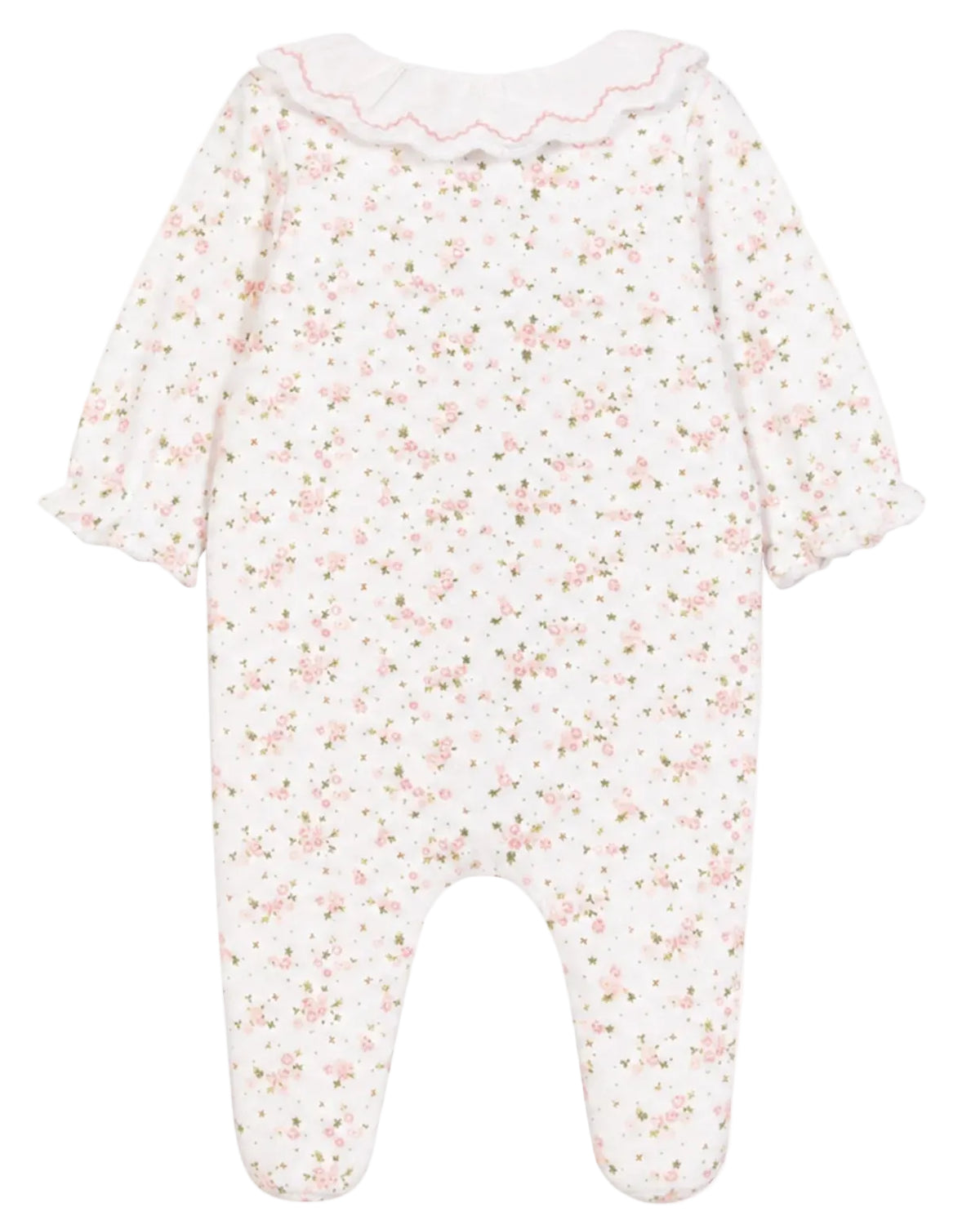 The Tartine et Chocolat Baby Girls’ Ruffle Collar Pajama is a white onesie with long sleeves and feet, adorned with a pink floral pattern and a scalloped collar trimmed in pink. Crafted from soft fabric for comfortable sleep, it features gently ruffled cuffs for an extra touch of charm.