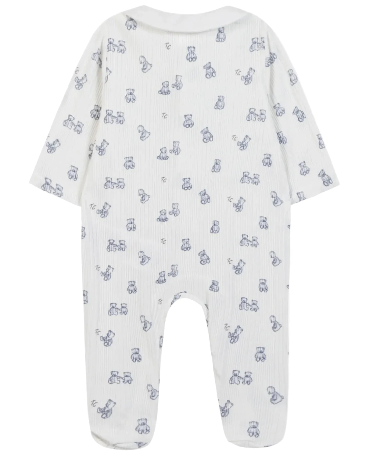 Introducing the Tartine et Chocolat Baby Boys’ Ribbed Knit Pajama—a white, long-sleeved onesie with covered feet, made from soft unbleached cotton. This pajama features an all-over pattern of small blue teddy bear motifs and baby accessories. The garment is displayed flat with the back facing up.