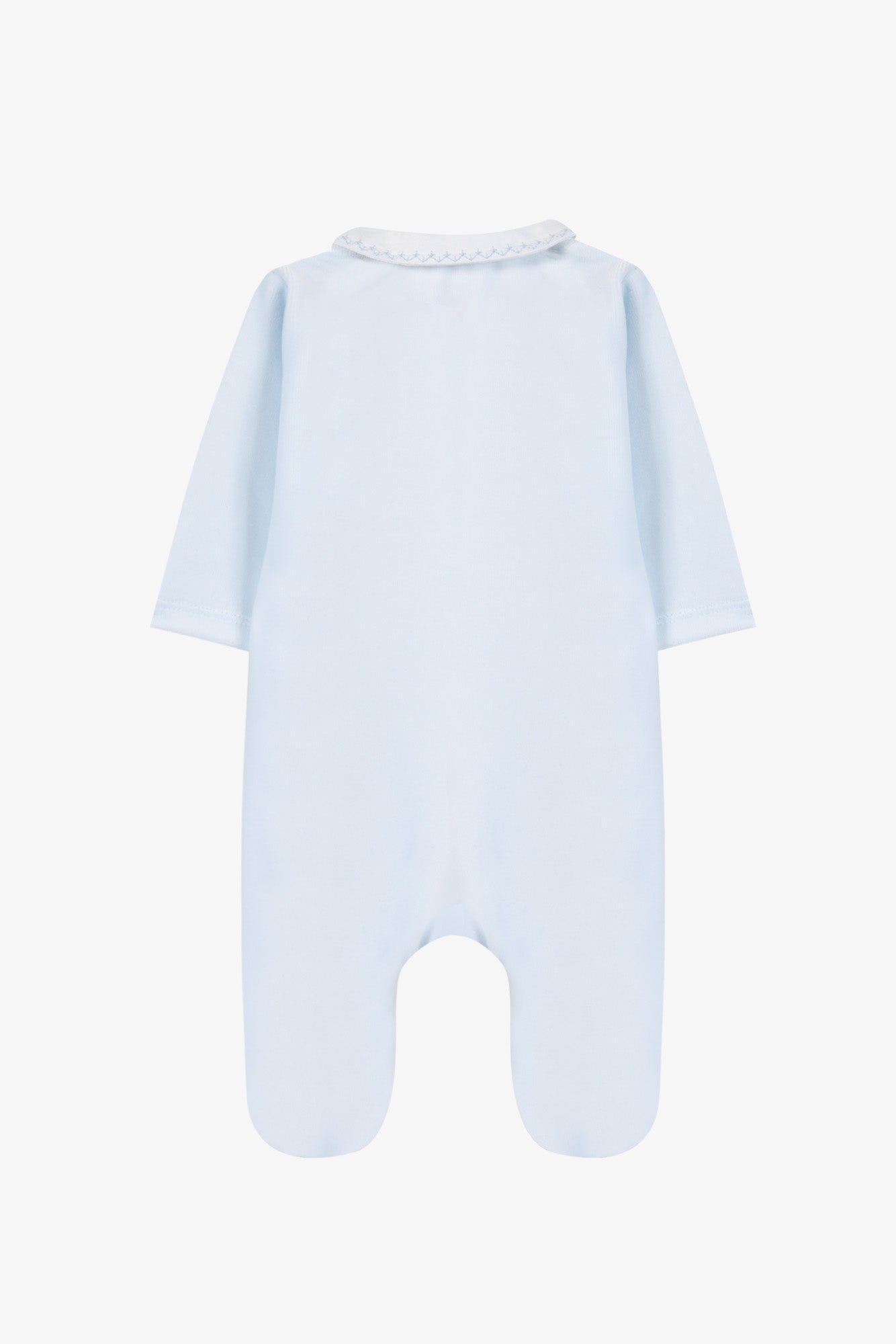 Tartine et Chocolat Baby Boys’ Velvet Pointed Collar Pajamas in light blue, featuring footed legs and a pointed collar, displayed flat on a plain white background.