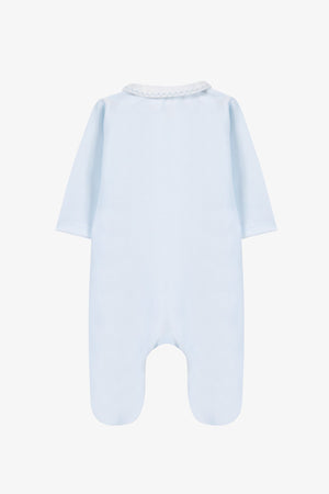 Tartine et Chocolat Baby Boys’ Velvet Pointed Collar Pajamas in light blue, featuring footed legs and a pointed collar, displayed flat on a plain white background.