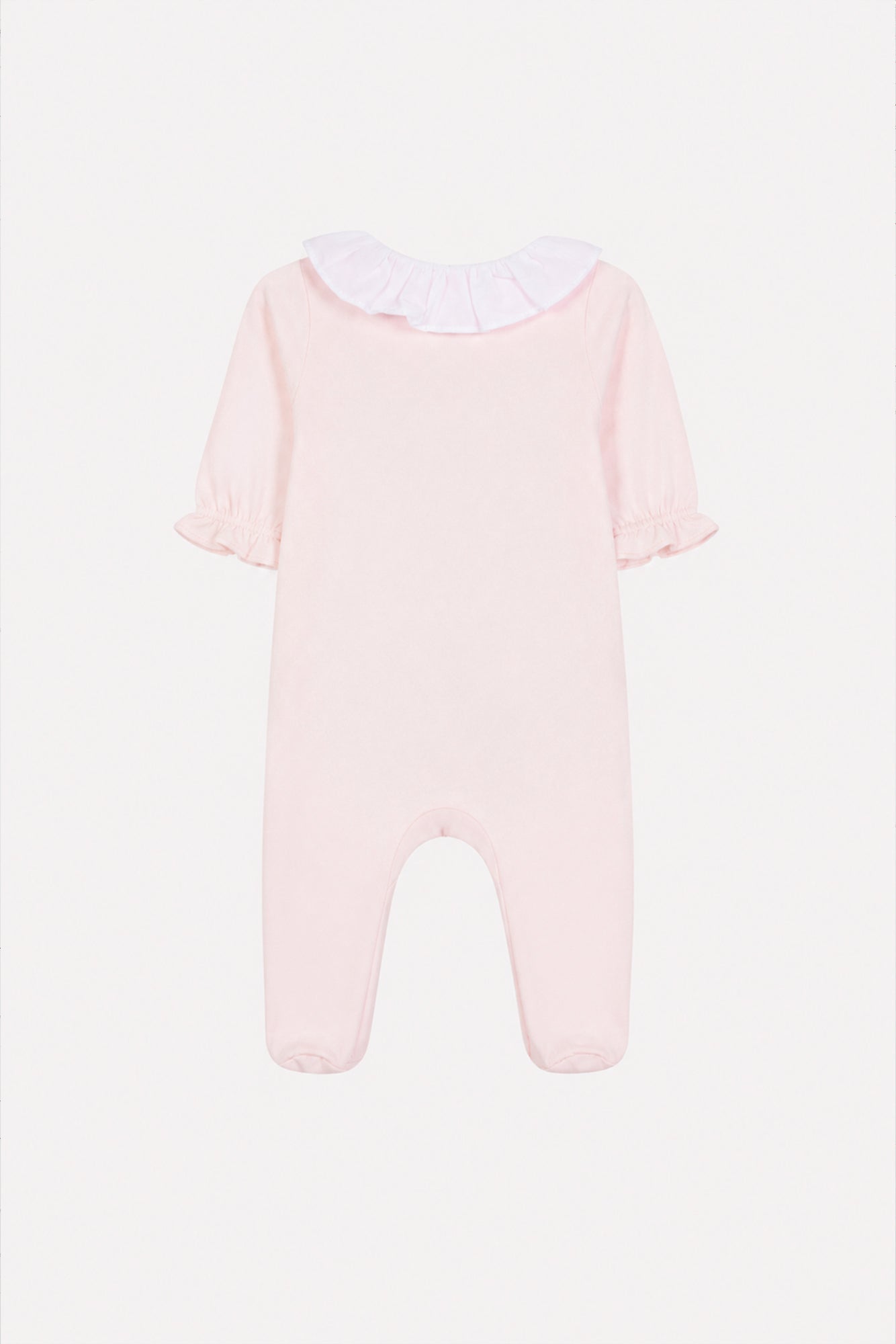 The Tartine et Chocolat Baby Girls’ Peter Pan Collar Gathered Pajamas, made from soft cotton in light pink, feature short ruffled sleeves and a charming white Peter Pan collar, displayed against a white background.