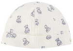 This Tartine et Chocolat Beanie is crafted from soft, unbleached cotton and features a white ribbed design with a folded brim. Delicate light blue teddy bear illustrations add a charming touch, making it perfect for a newborn boy.