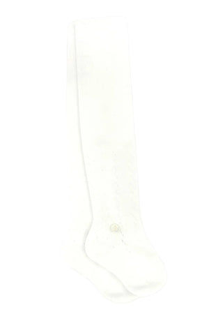 A single pair of white Tartine et Chocolat Baby Girls’ and Girls’ Knit Braided Tights laid flat on a plain white background, capturing the timeless charm of Parisian elegance.
