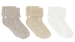 The Cotton Sock Set by Tartine et Chocolat features three pairs of ribbed knit toddler socks—one gray, one beige, and one white—all with turned-down cuffs, displayed side by side on a white background.