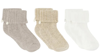 The Cotton Sock Set by Tartine et Chocolat features three pairs of ribbed knit toddler socks—one gray, one beige, and one white—all with turned-down cuffs, displayed side by side on a white background.