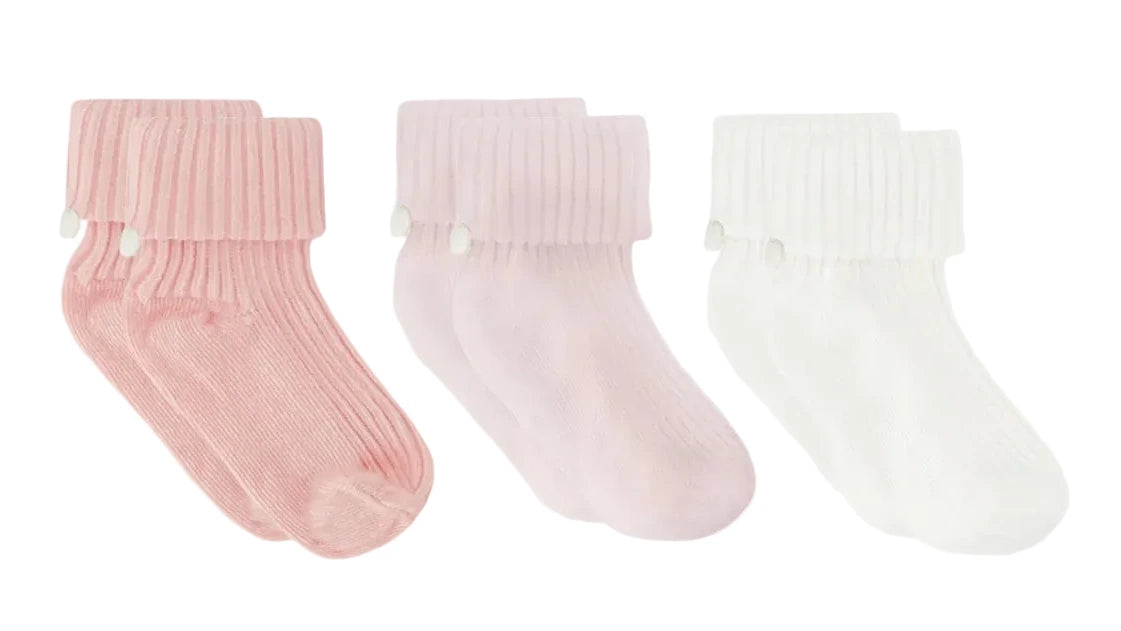 The Cotton Sock Set by Tartine et Chocolat features three pairs of ribbed baby socks in pink, light pink, and white, each adorned with a folded cuff and a delicate side bow. Displayed on a white background, these charming socks are designed to offer both comfort and style for your little one.