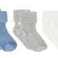 Three pairs from the Tartine et Chocolat Cotton Sock Set—ribbed baby socks in blue, gray, and white—are arranged side by side on a white background. These soft Cotton Sock Set toddler socks are crafted for comfort and gentle support for little feet.
