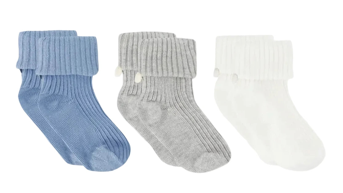 Three pairs from the Tartine et Chocolat Cotton Sock Set—ribbed baby socks in blue, gray, and white—are arranged side by side on a white background. These soft Cotton Sock Set toddler socks are crafted for comfort and gentle support for little feet.