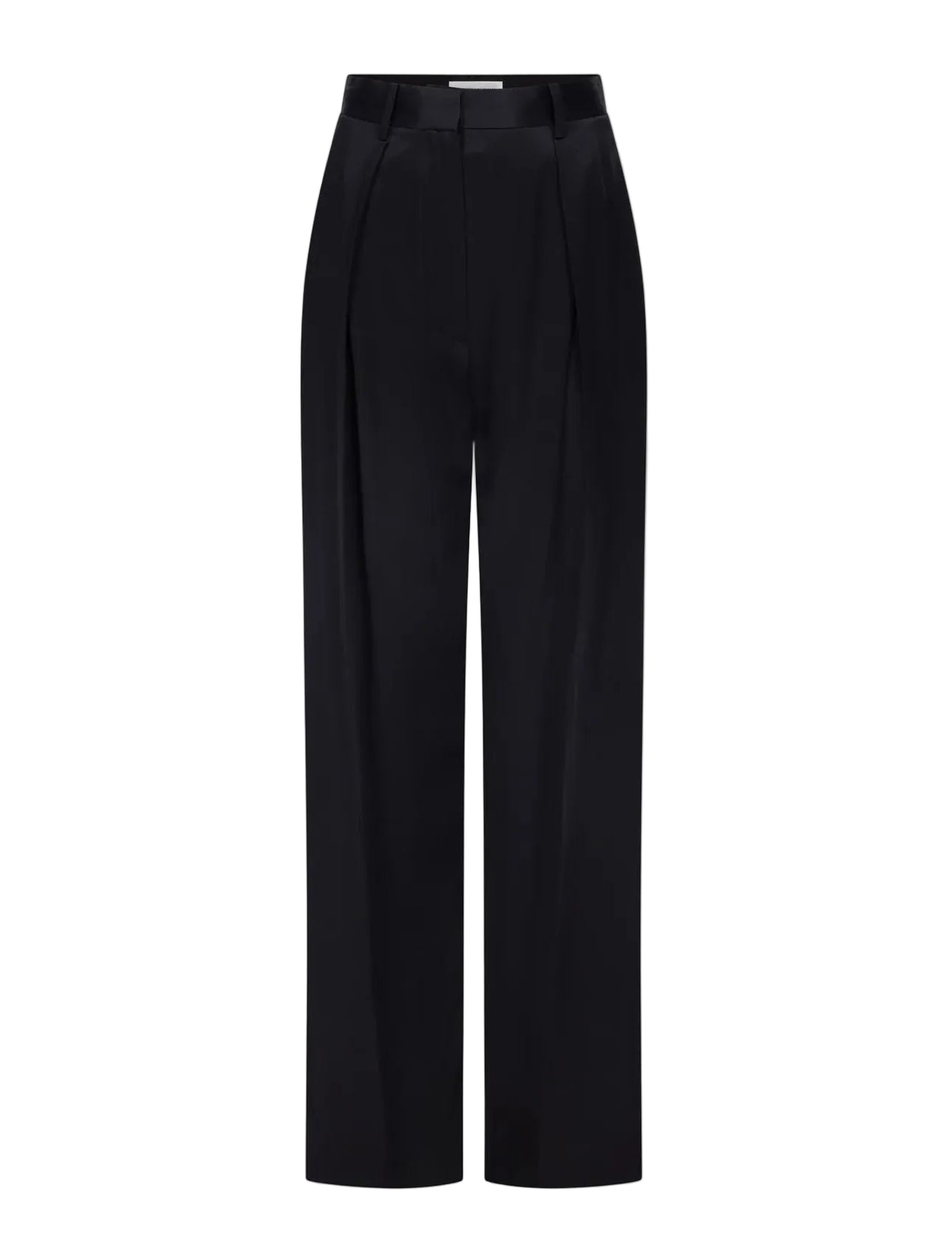 The Cecilia Trouser by Victoria Beckham is a black wide-leg tailored style featuring front pleats, a high waist, belt loops, and a concealed front closure, showcased against a plain white background for a modern aesthetic.