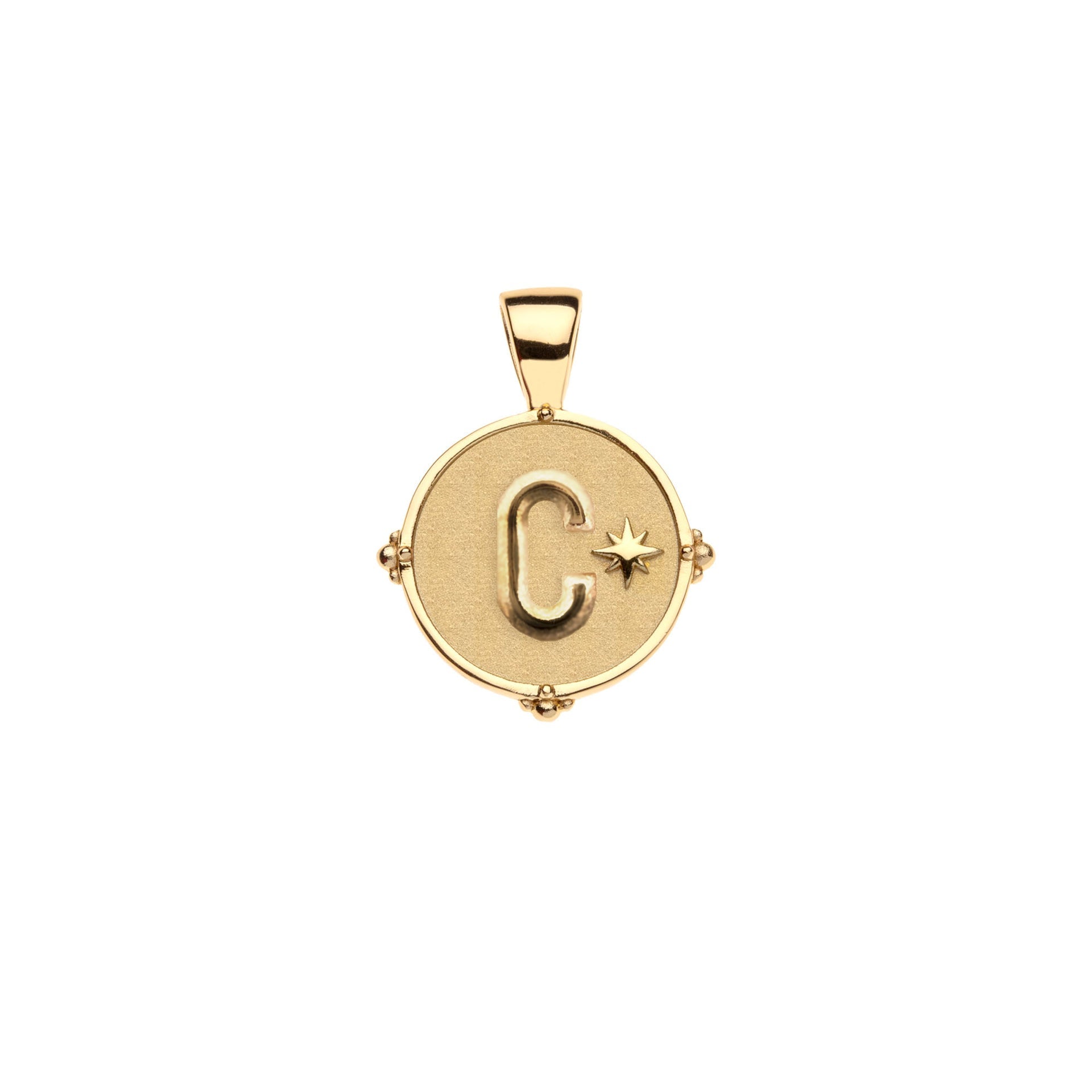 The Jane Win Letter Pendant Satellite Necklace Collection features a gold circular 14k pendant engraved with the letter "C" and a small star, plus a polished bail for easy attachment to your favorite chain or personalized letter necklace.