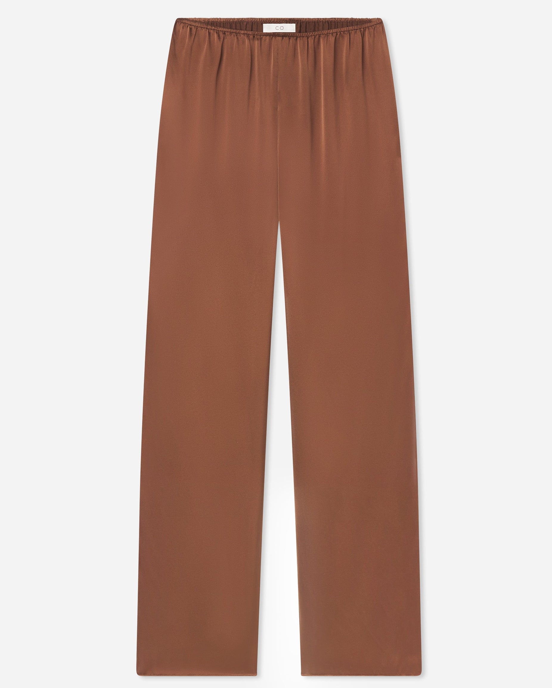 CO Elastic Silk Pant by CO in brown silk satin, featuring wide legs and a high-rise elastic waistband, shown laid flat on a white background.