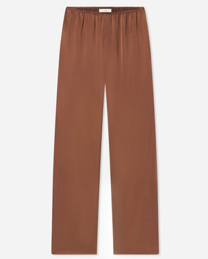 CO Elastic Silk Pant in brown silk satin, featuring an elastic waistband and a wide-leg silhouette, displayed laid flat on a white background.