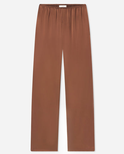 CO Elastic Silk Pant by CO in brown silk satin, featuring wide legs and a high-rise elastic waistband, shown laid flat on a white background.