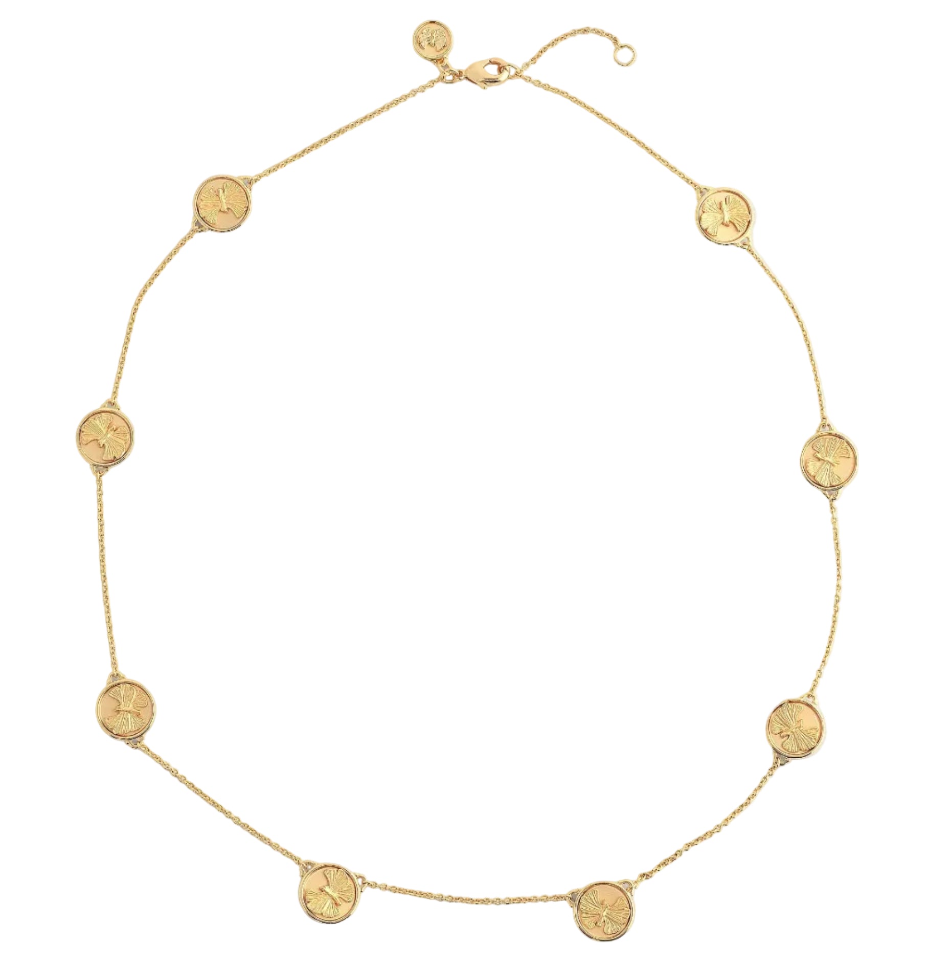The Butterfly Coin Station Necklace by Anabel Aram features evenly spaced round charms on a delicate, 18k gold dipped chain, shown on a white background.