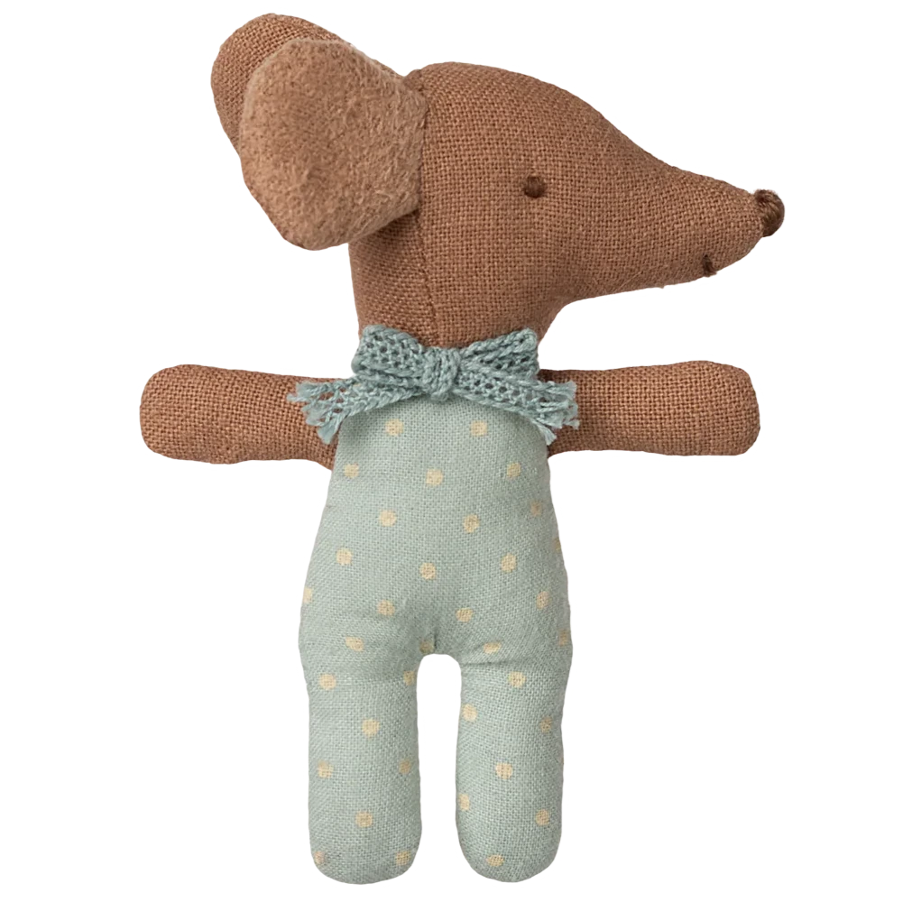 Meet the Maileg Sleepy Wakey Baby Mouse in Matchbox – Blue, featuring a brown fabric head and arms, dressed in light blue polka-dotted overalls with a matching blue bow tie.
