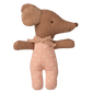 The Maileg Sleepy Wakey Baby Mouse in Matchbox - Rose features a soft brown head, pink polka-dotted body, and a knitted bow at the neck, photographed on a plain white background.