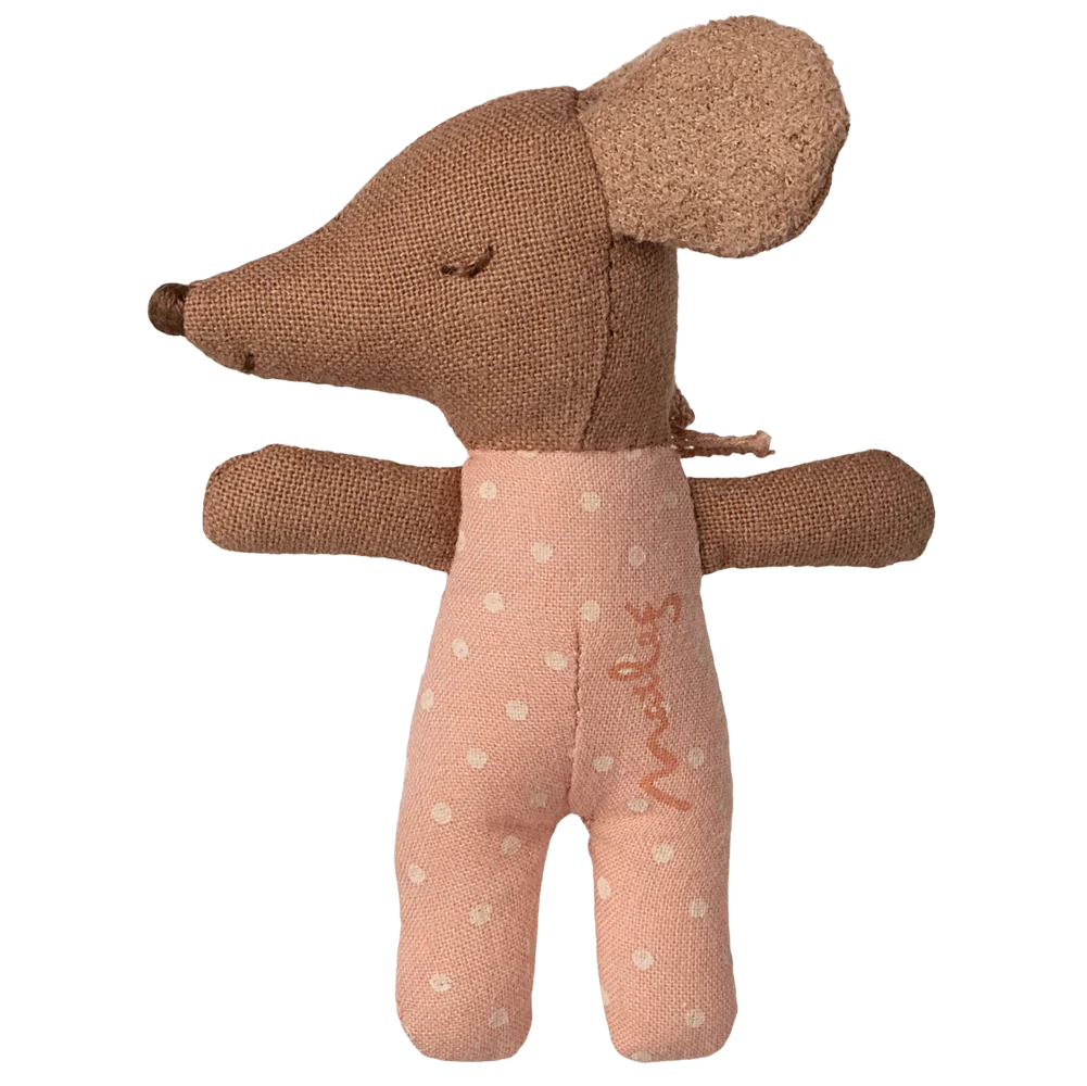 The Maileg Sleepy Wakey Baby Mouse in Matchbox - Rose features closed eyes, outstretched arms, and a soft pink polka dot outfit, displayed on a plain background.