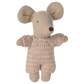 The Maileg Baby Mouse in Carry Cot - Rose features an adorable stuffed baby mouse with large ears, a stitched nose, and a light brown knitted suit, posed upright against a plain white background.