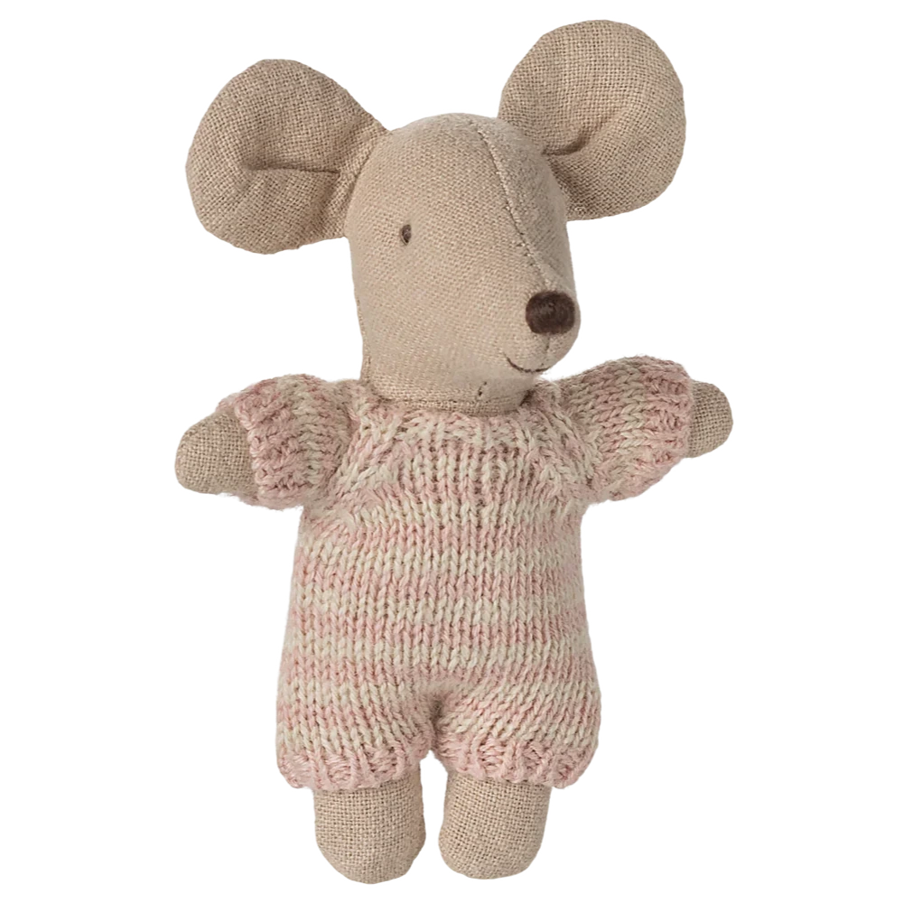The Maileg Baby Mouse in Carry Cot - Rose features an adorable stuffed baby mouse with large ears, a stitched nose, and a light brown knitted suit, posed upright against a plain white background.